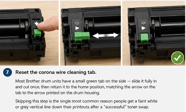 Most Brother drum units have a small green tab on the side - slide it fully in and out once, then return it to the home position, matching the arrow on the tab to the arrow printed on the drum housing
